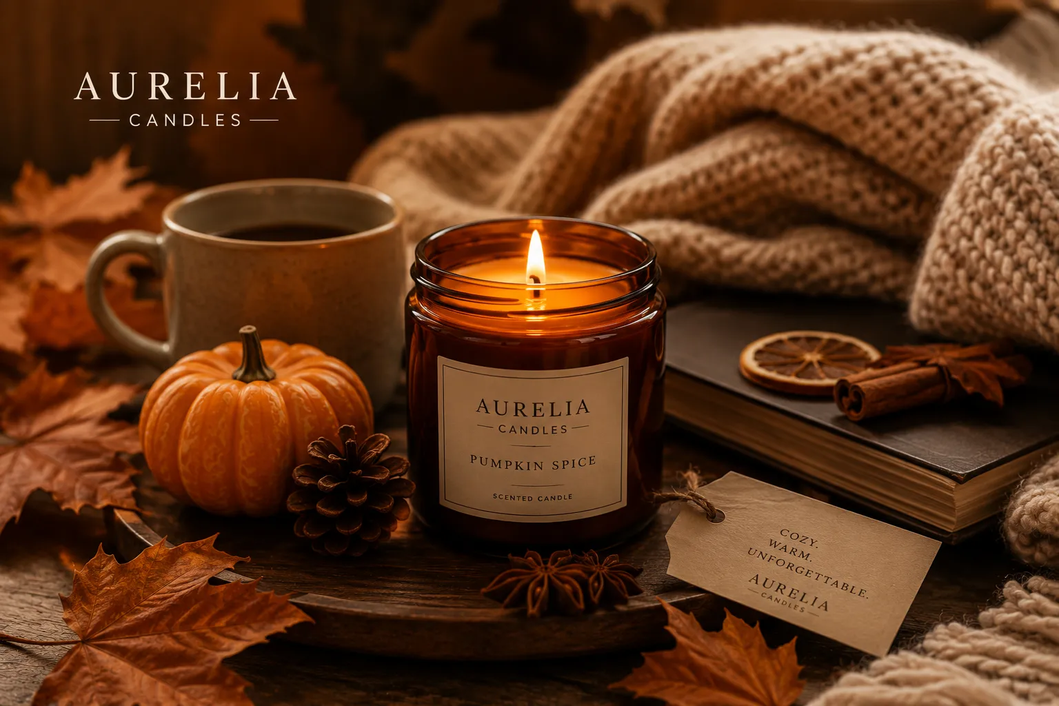 A warm amber candle glowing beside autumn leaves and a knit throw in soft golden light