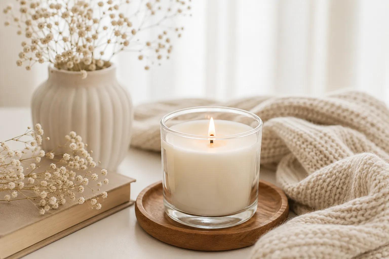 A fresh coastal-scented candle beside sea glass and palm shadows in a bright Florida room
