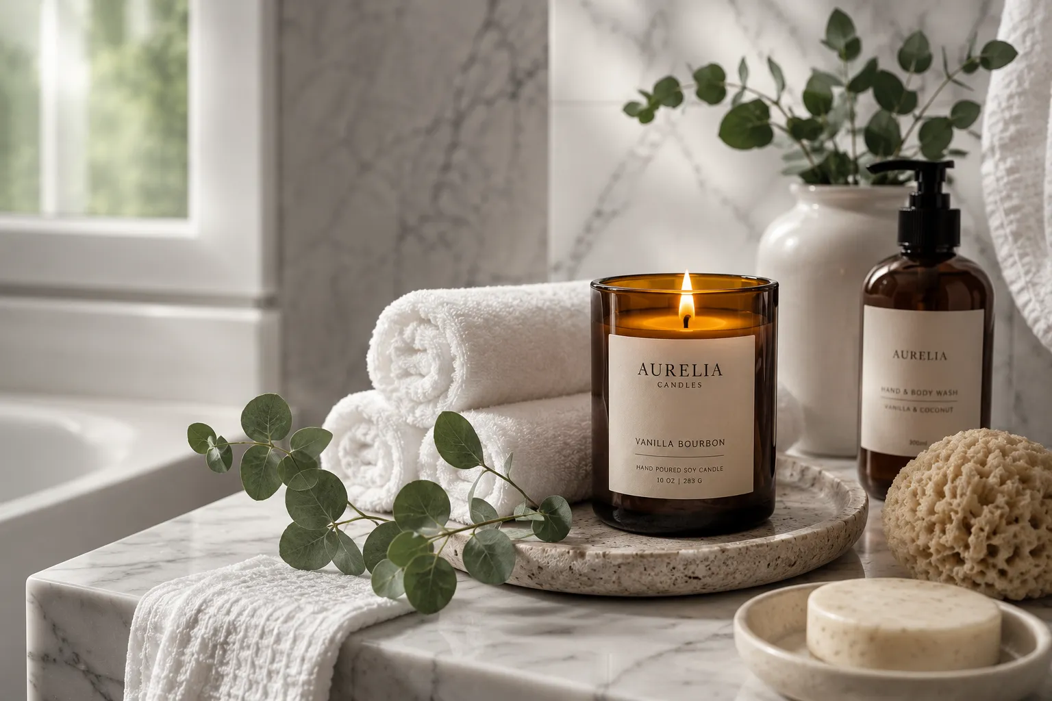 A calming candle beside a bath and folded towels in a serene self-care setting