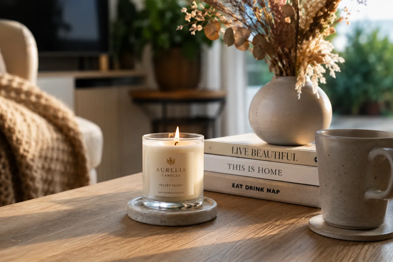 Different candles styled across a living room, bedroom, and bathroom in warm light