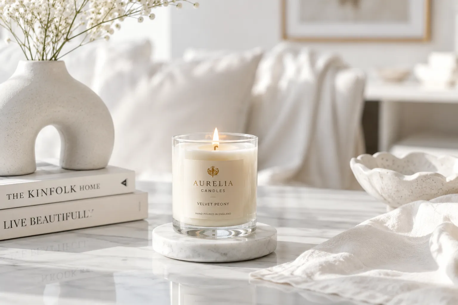 A well-cared-for soy candle with a clean even burn beside a lidded candle jar