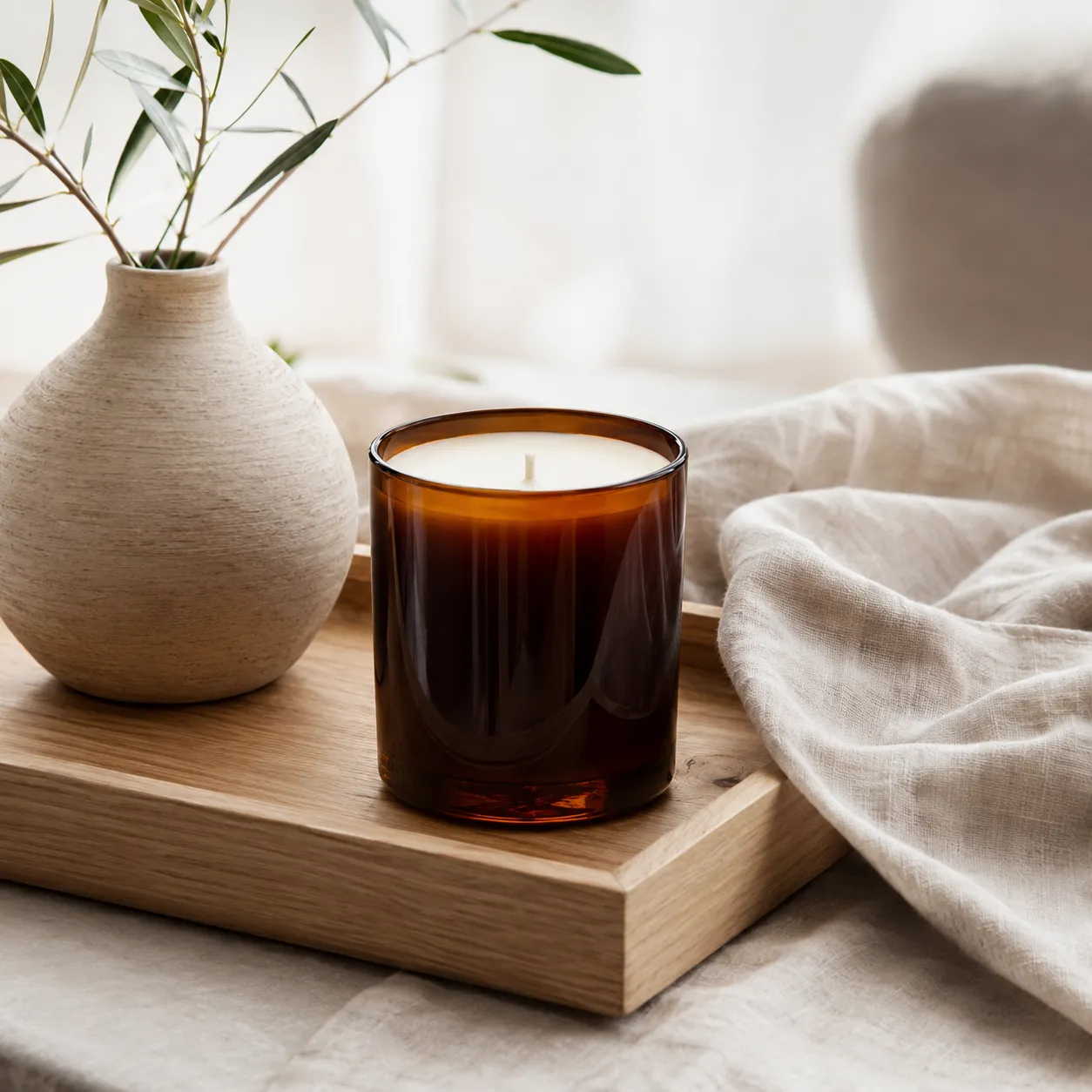 Two candles side by side, one soy and one paraffin, on a marble surface in soft natural light