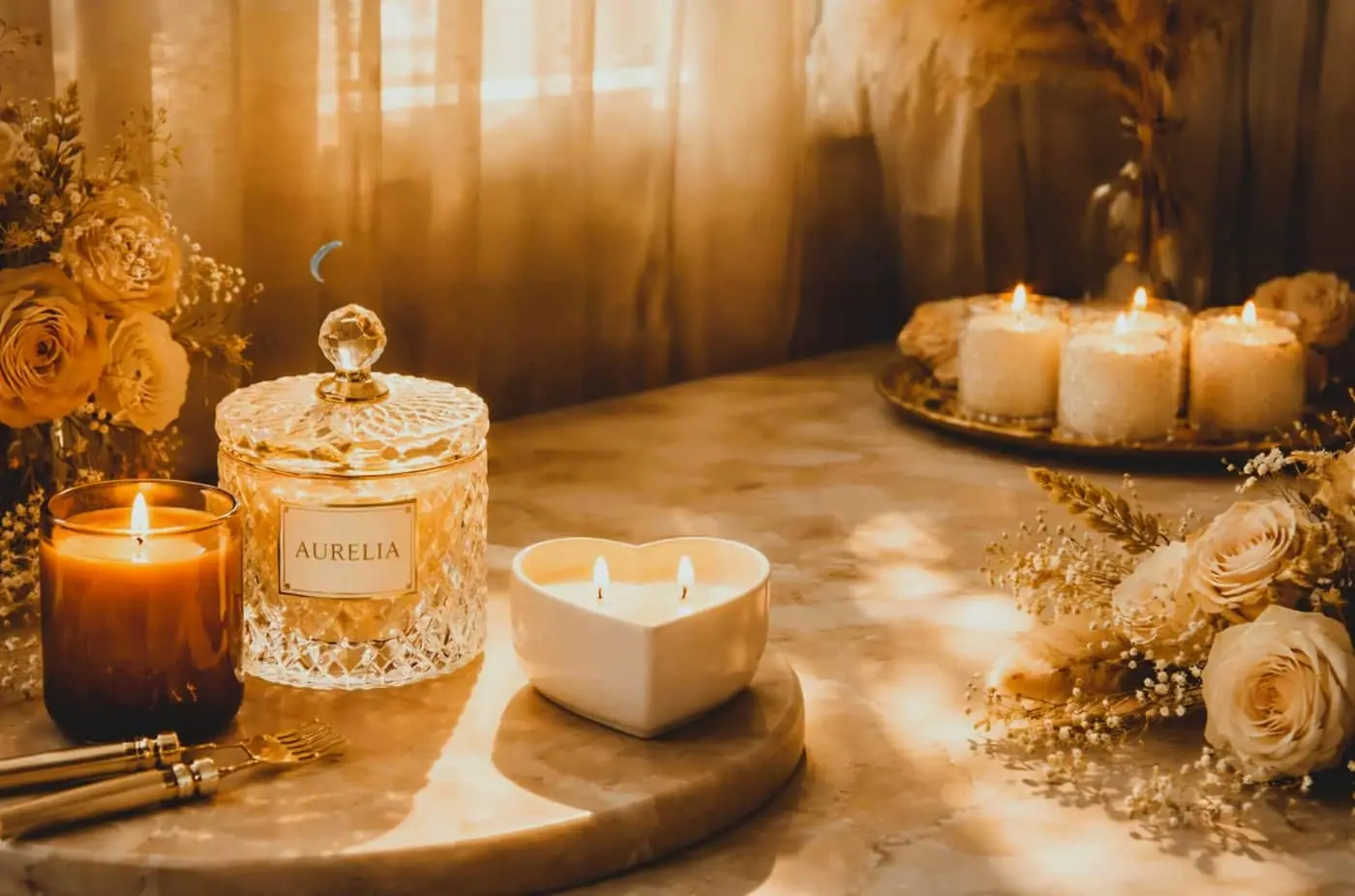 Aurelia handmade candles glowing at golden hour